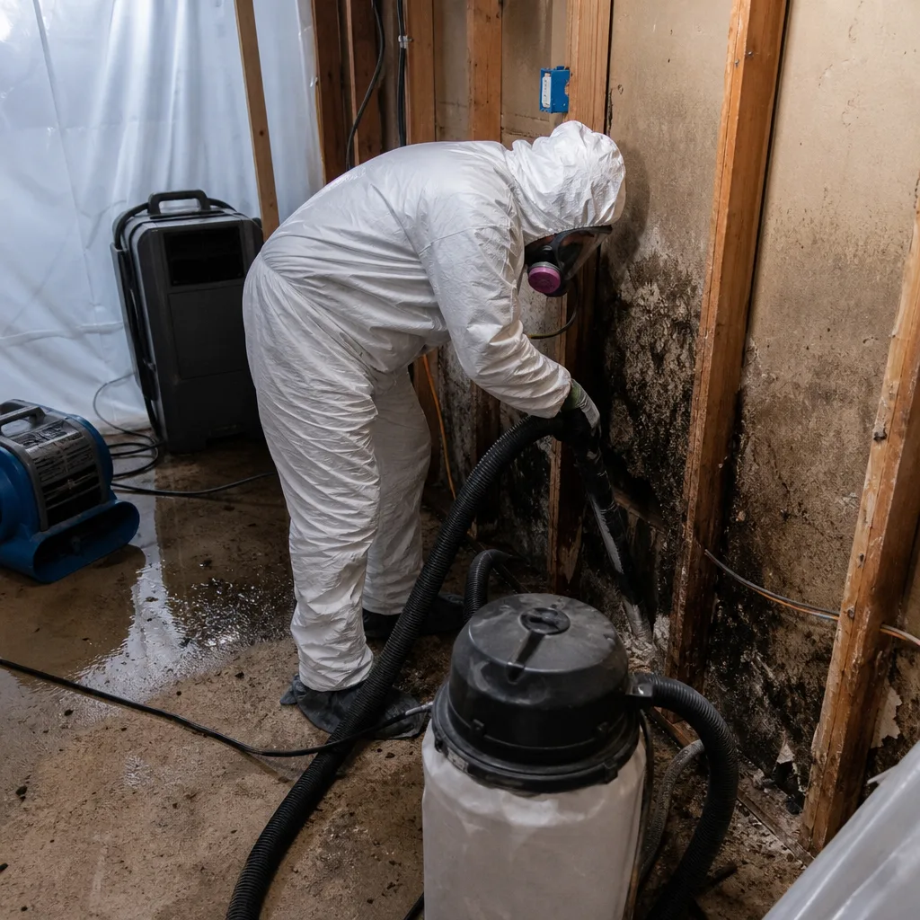 Professional technician in hazmat suit performing mold remediation with industrial vacuum