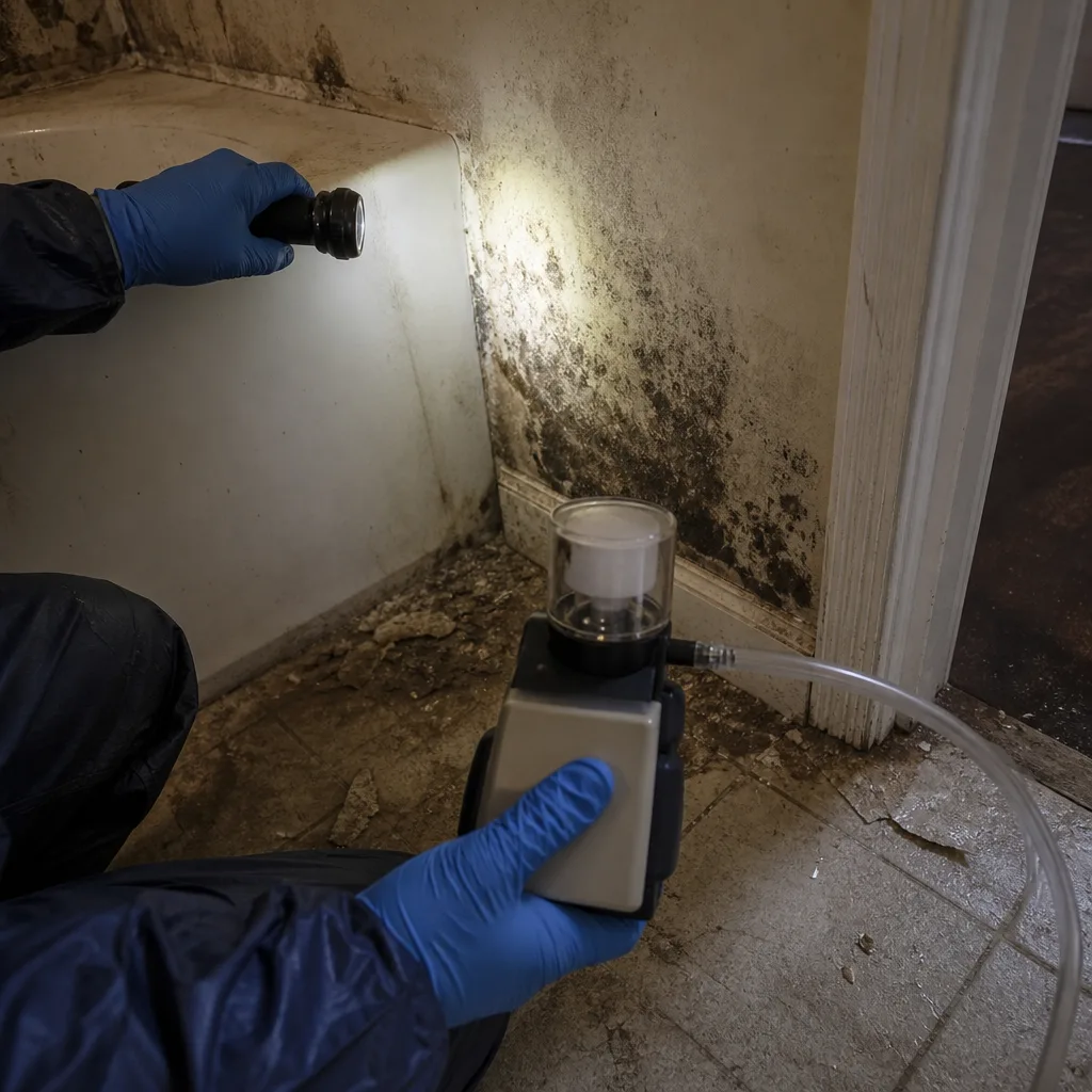 Professional performing mold inspection and air quality sampling in a bathroom.