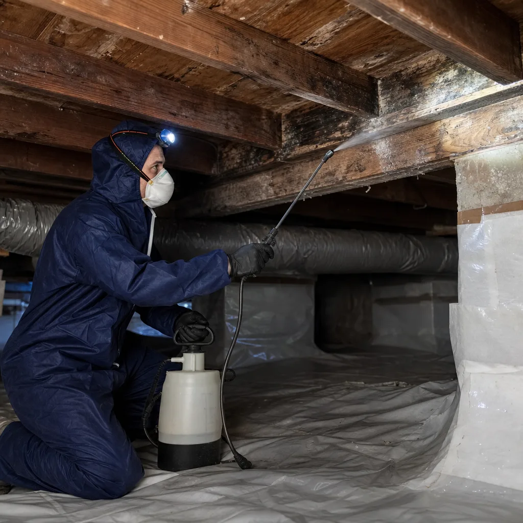 Technician in protective gear performing professional crawl space mold remediation