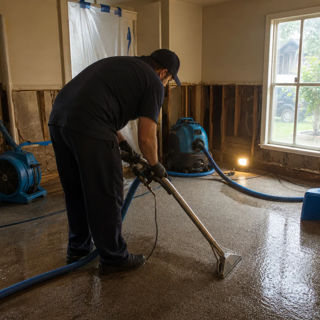 Technician performing professional water damage restoration and water extraction