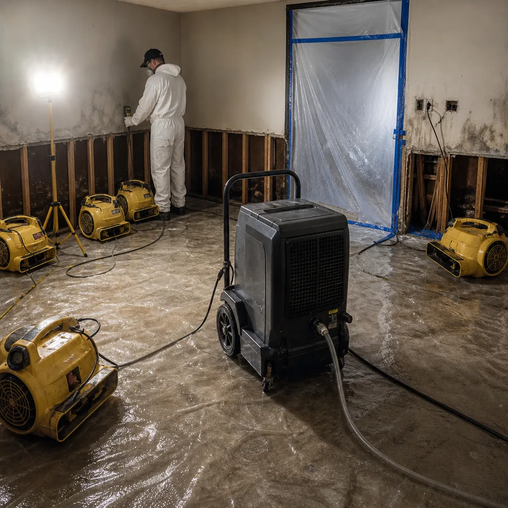 Water damage restoration professional using industrial drying equipment in a residential room.