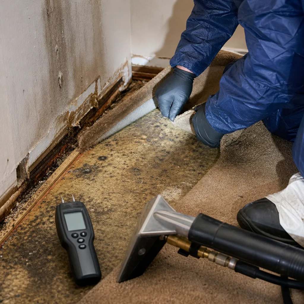 Water damage restoration professional inspecting subfloor mold with moisture meter